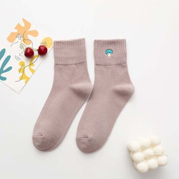 Embroidered Mushroom Ribbed Mid Calf Y2K Cotton Socks - Picture 5 of 15